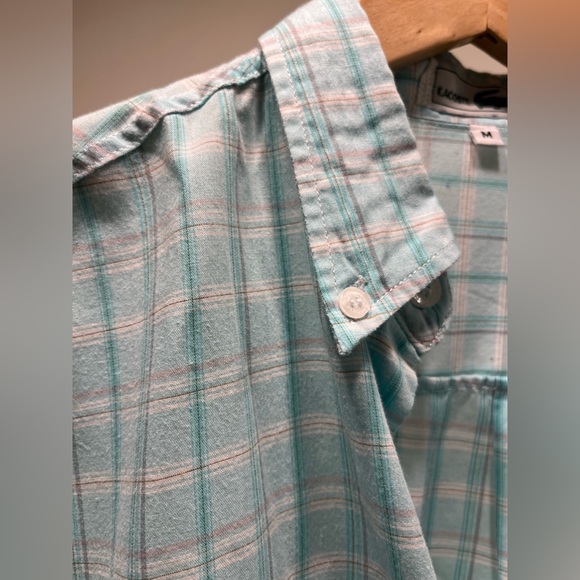 LACOSTE short sleeve blue plaid button up shirt, men’s medium 💯 cotton - Picture 5 of 12